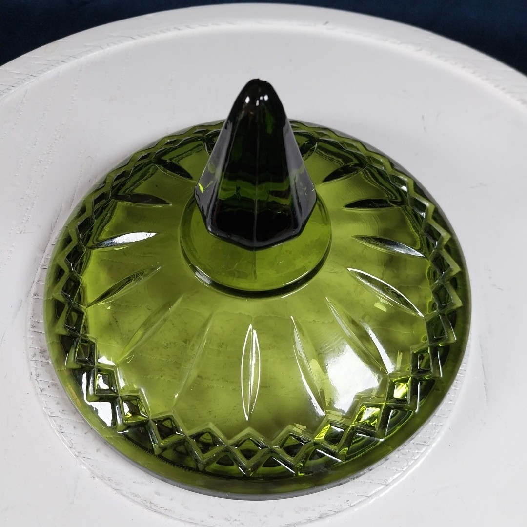 Vintage Indiana Glass Princess Pattern Dark Green Lidded Candy Dish