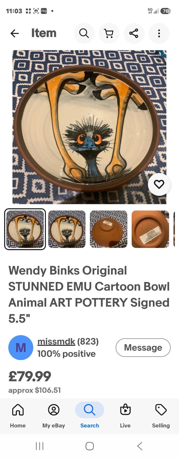 VTG Wendy Binks Signed Hand Painted Terracotta Bowl Beautiful Condition 5¾ In
