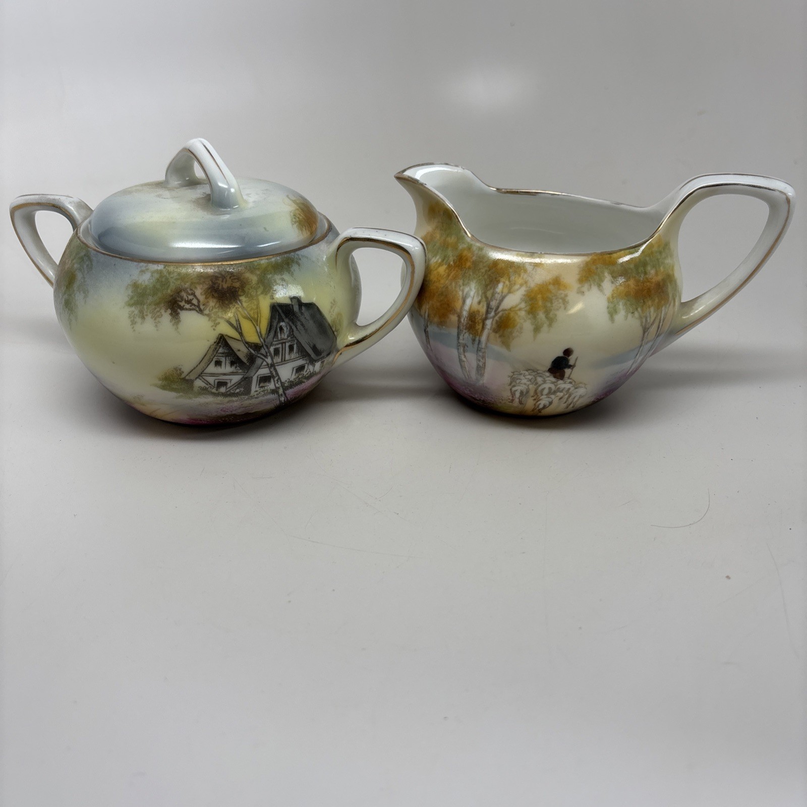 Antique RS Prussia Rare Sugar Creamer Cottage Barn Motif