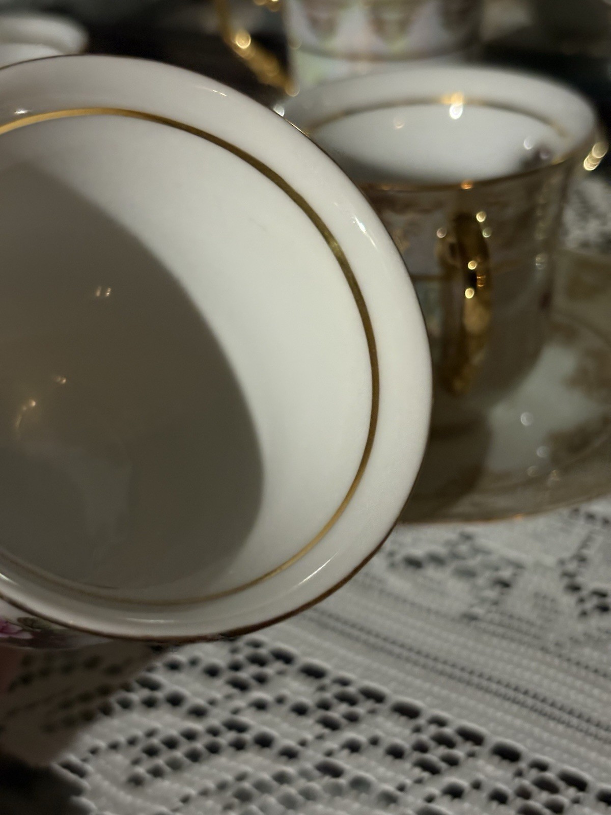 Yasui Porcelain 24KT Gold Plated Floral Cup & Saucer Set White Pink Green