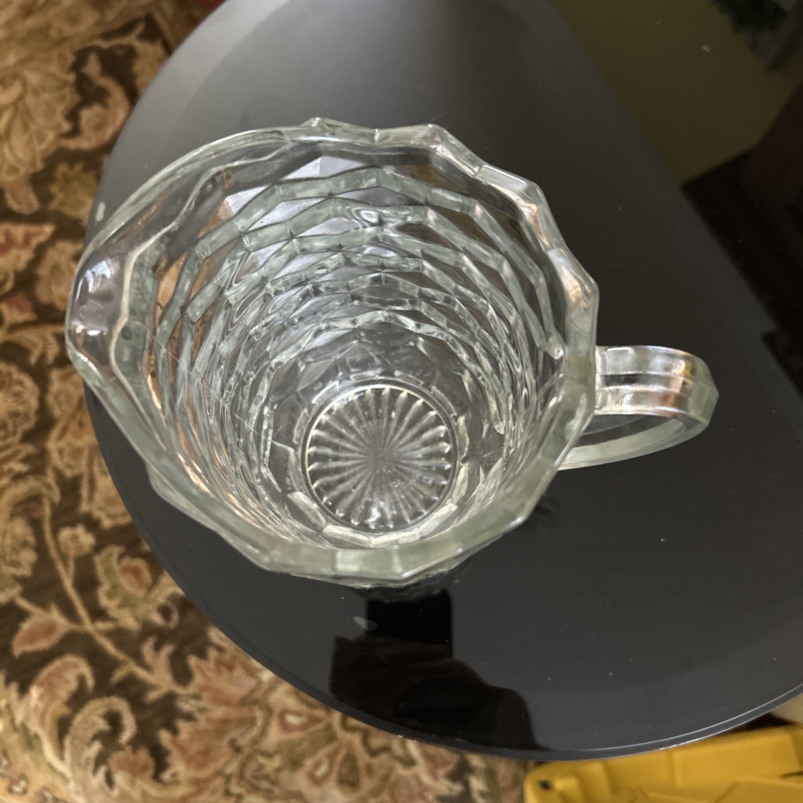 VTG FOSTORIA AMERICAN CLEAR WATER PITCHER WITH ICE LIP 8.75″ TALL EXCELLENT