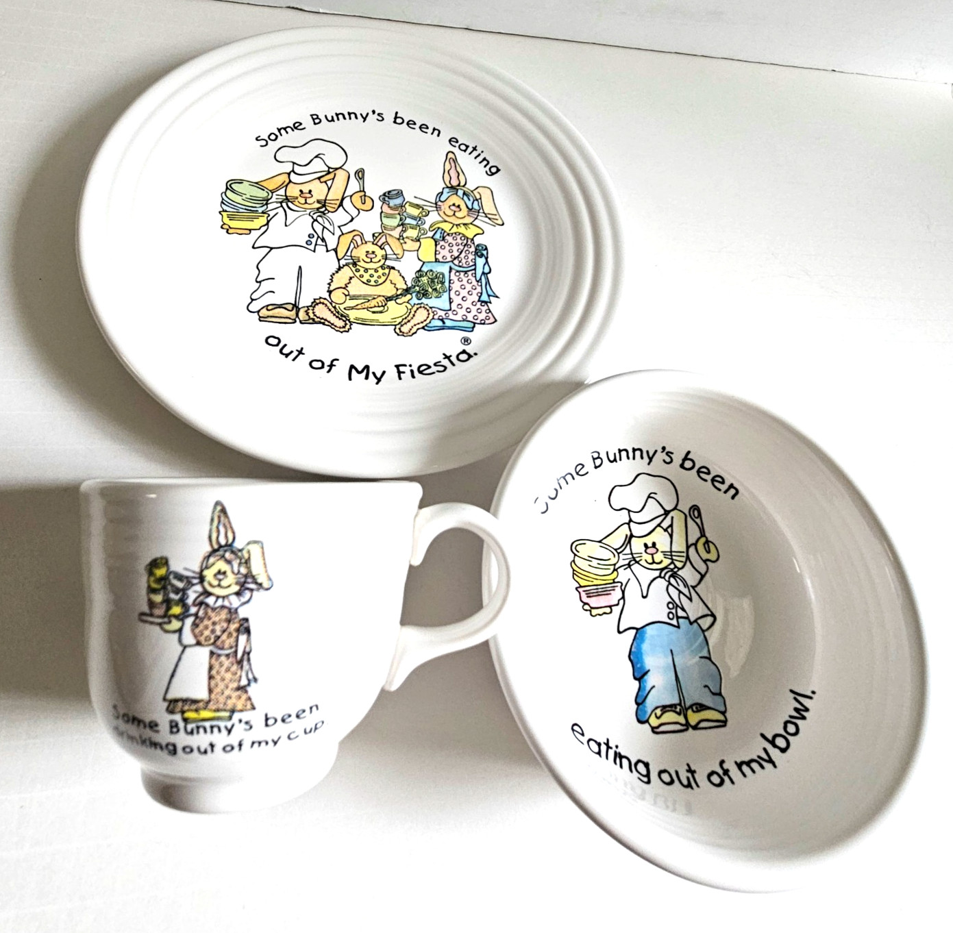 Fiesta Ware Child’s 3 Pc China Set Some Bunny’s Been Eating Out of my Fiesta