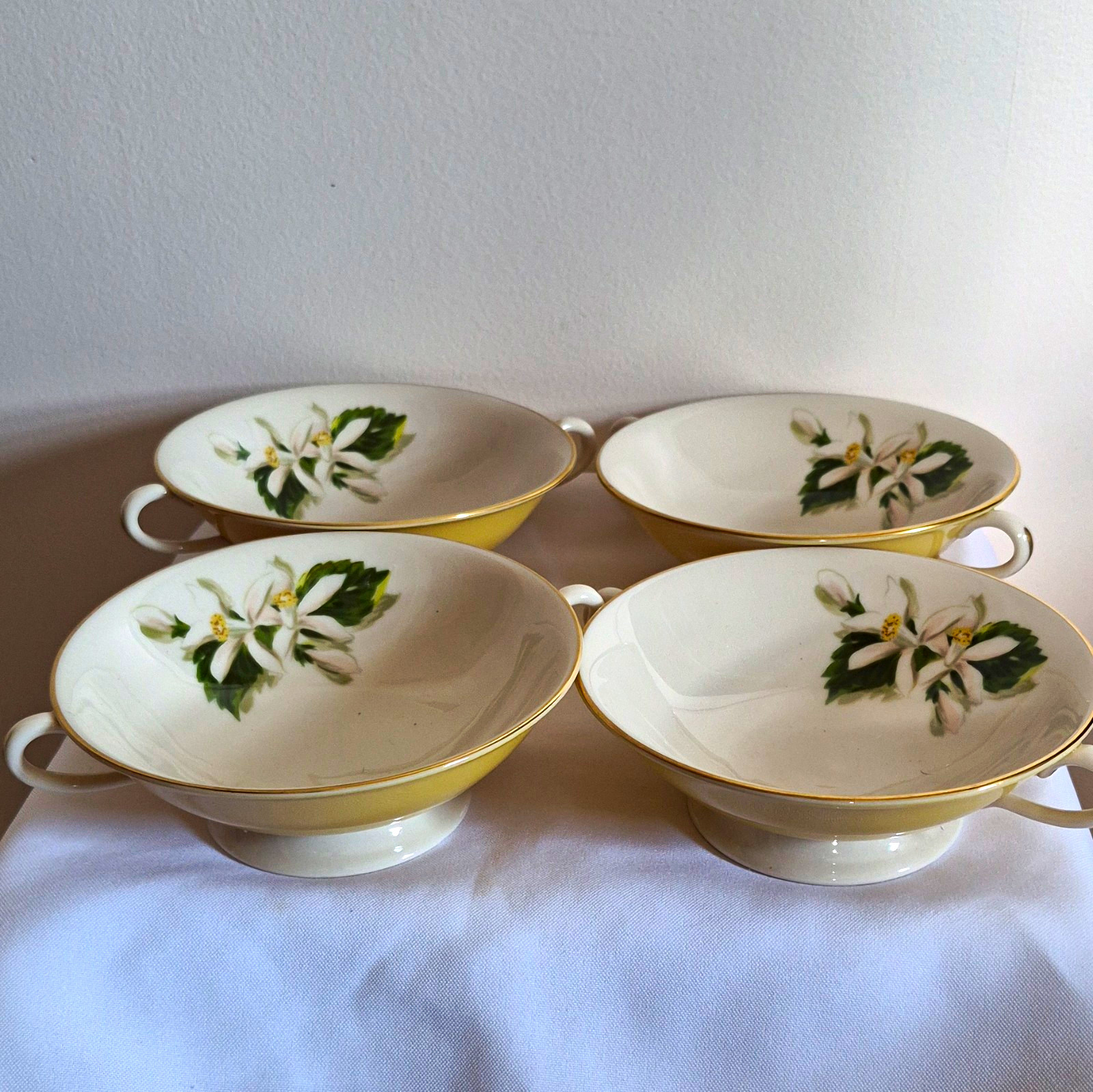 Fine Arts China Floral Soup Bowls Set of 4 White Yellow Porcelain 6 in