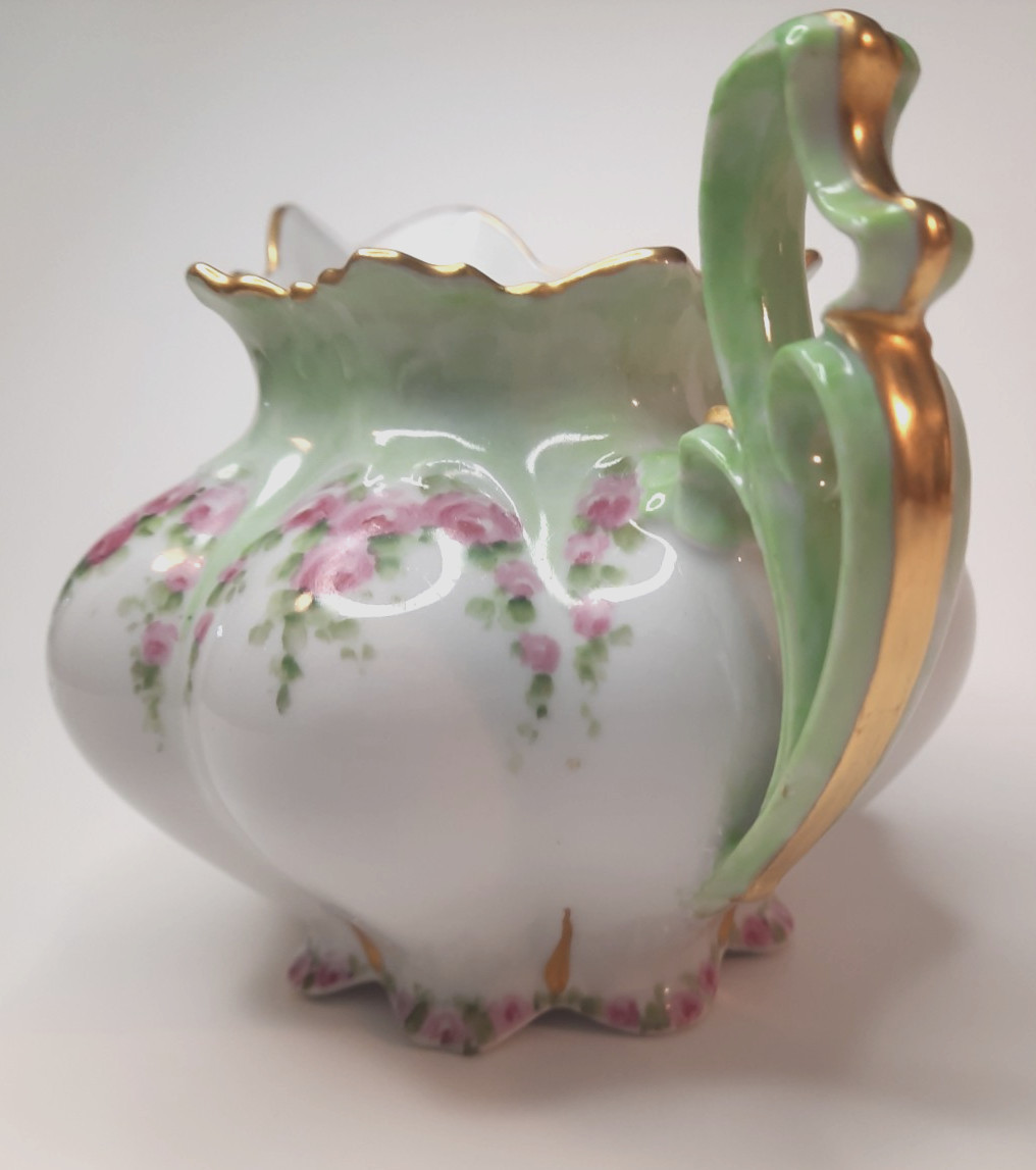 Antique-MZ Austria-Porcelain Creamer Pitcher-933-Pink Rose Garland-Art Nouveau