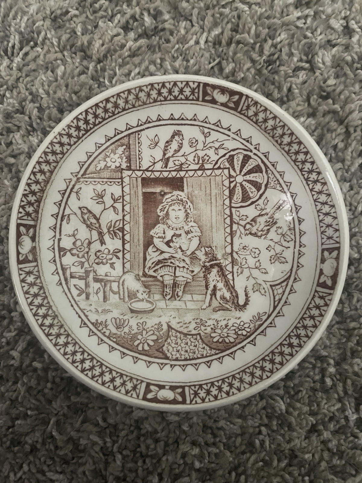 Atq England C.A. & Sons Brown Transferware Bowl Little Mae w/ Dog Set Of 2