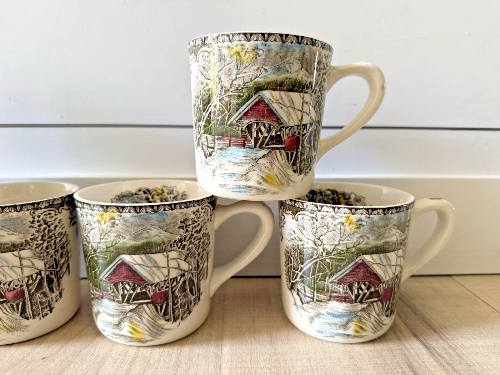 The Friendly Village Johnson Brothers Mugs England Covered Bridge Set Lot of 6