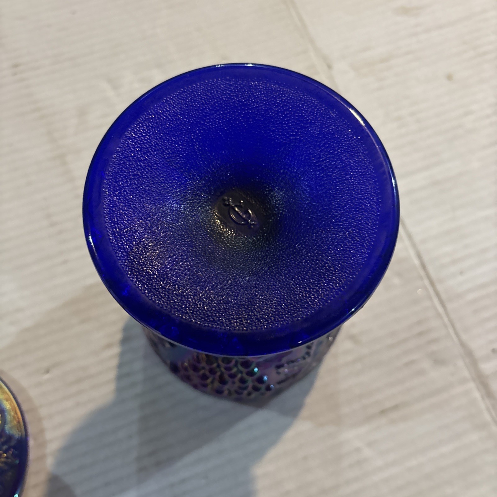 Imperial Blue Carnival Glass Harvest Grape Candy Dish Lid Compote With Sticker