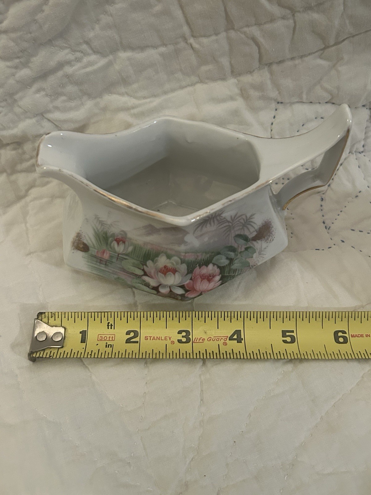 Porcelain Floral Gravy Boat, Hexagon Shape, White Pink Green, 6 in Glossy