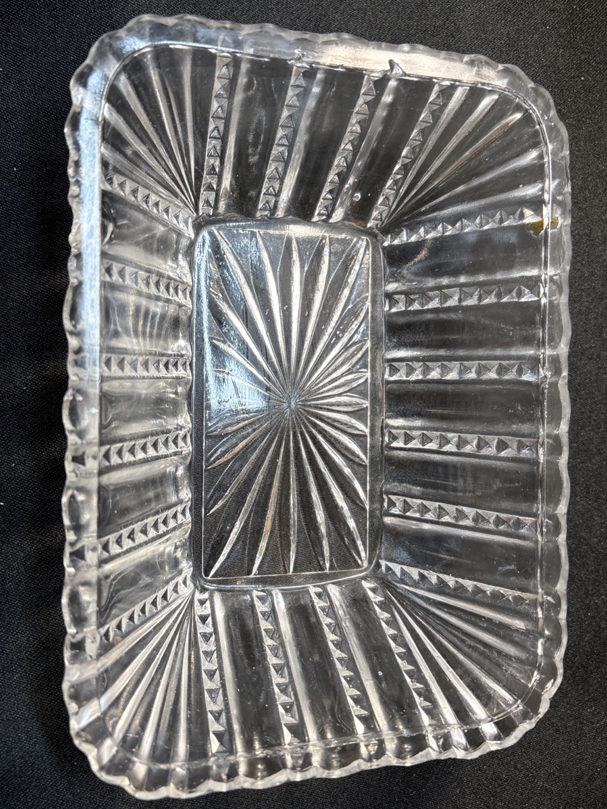 Antique Early 1900’S Pressed Glass Candy Dish Sunburst Clear 7”X5”Rectangular