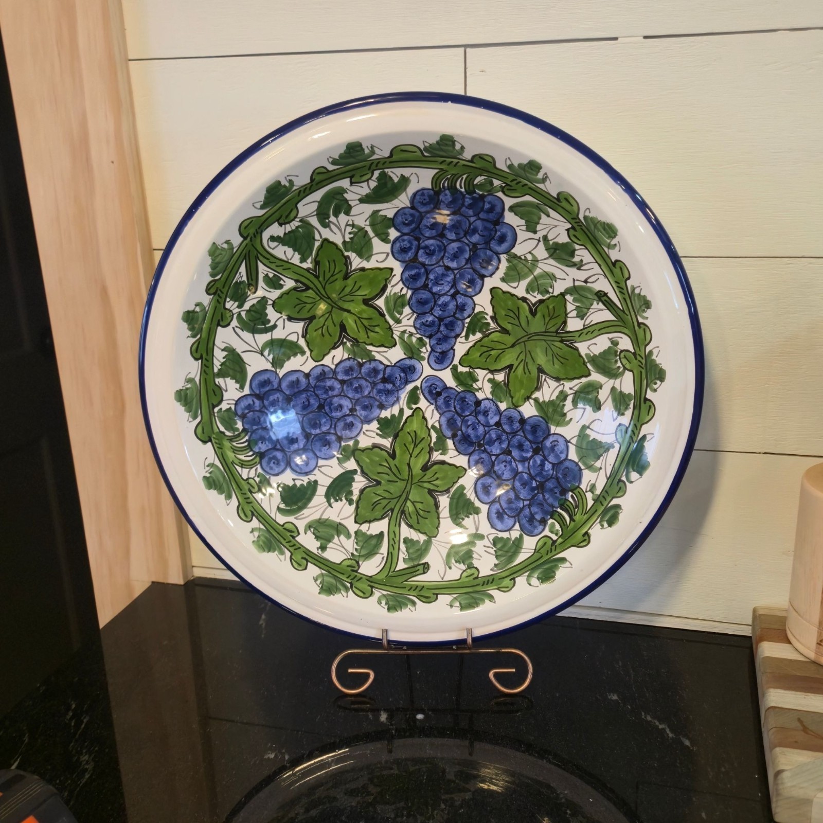 Vintage Le Souk Ceramique Tunisian Hand-Painted Pottery Bowl Blue Grapes Leaves