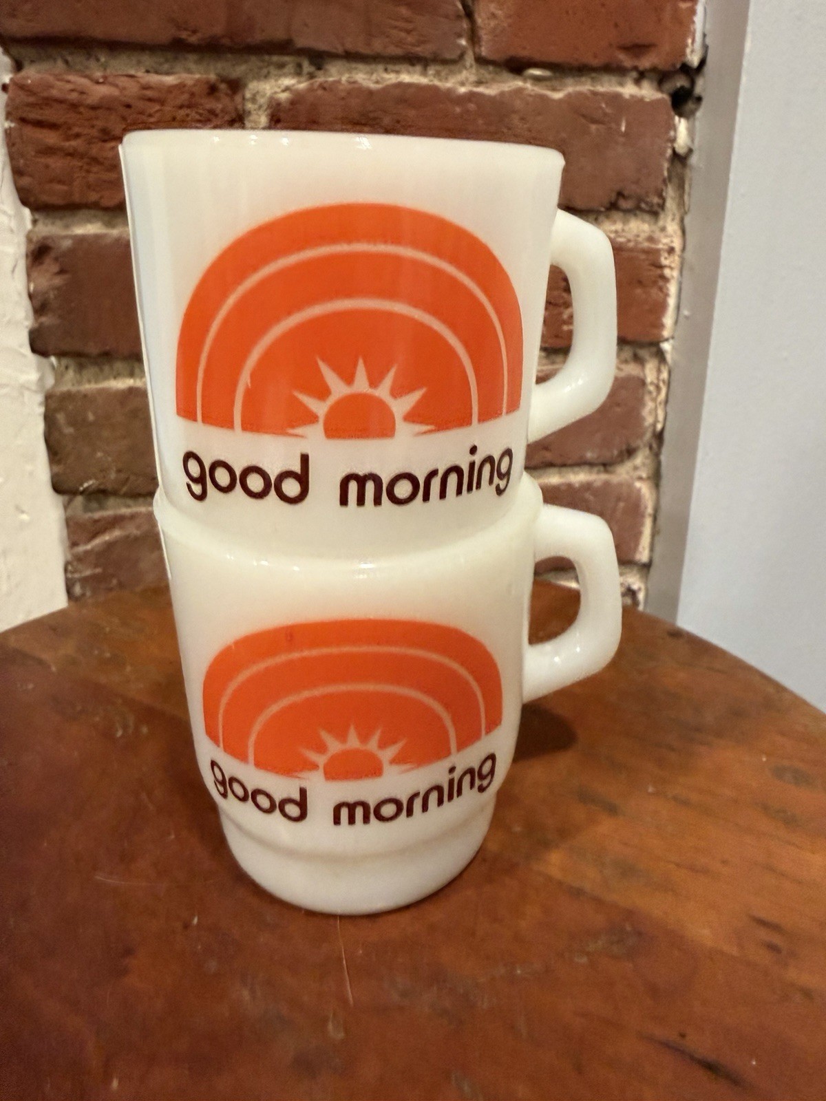 Lot of 2 Vtg Fire King Burger Queen Good Morning Milk Glass Stacking Mugs HTF