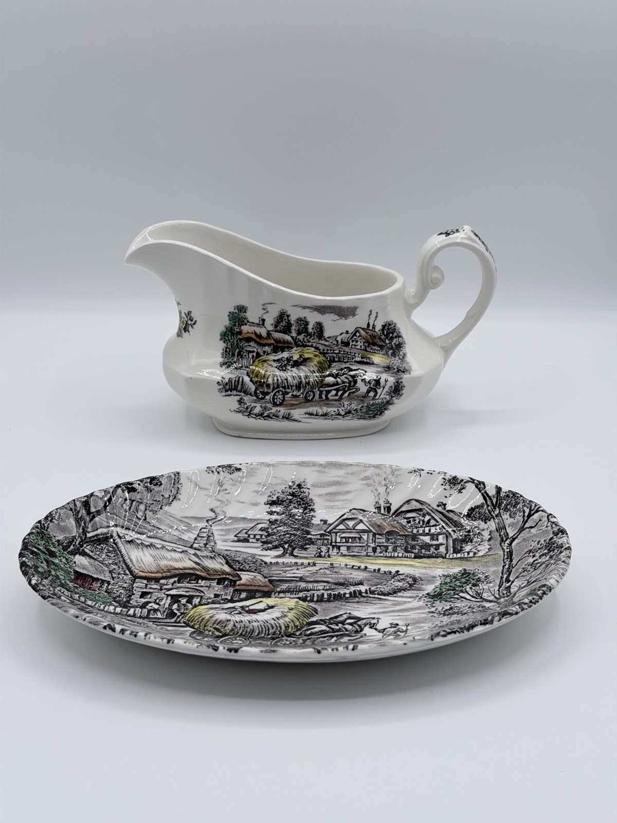 Staffordshire Ironstone Yorkshire Multicolor Gravy Boat with Underplate England