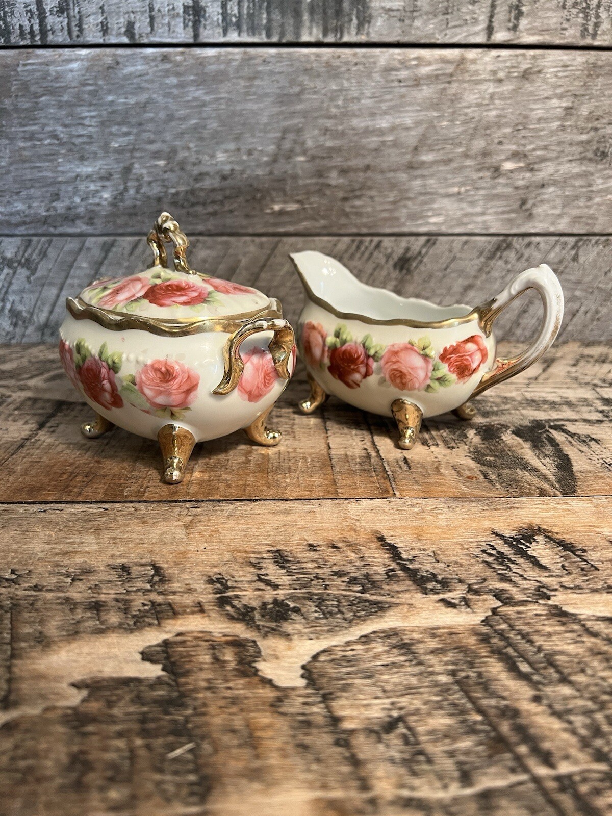 Ceramic Rose Creamer And Sugar Bowl Set By Old Ivory Germany