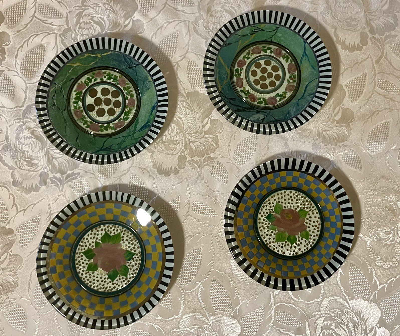 Rare Early MacKenzie-Childs Glass Dessert Plates Rose Garland & Full Bloom. Mint