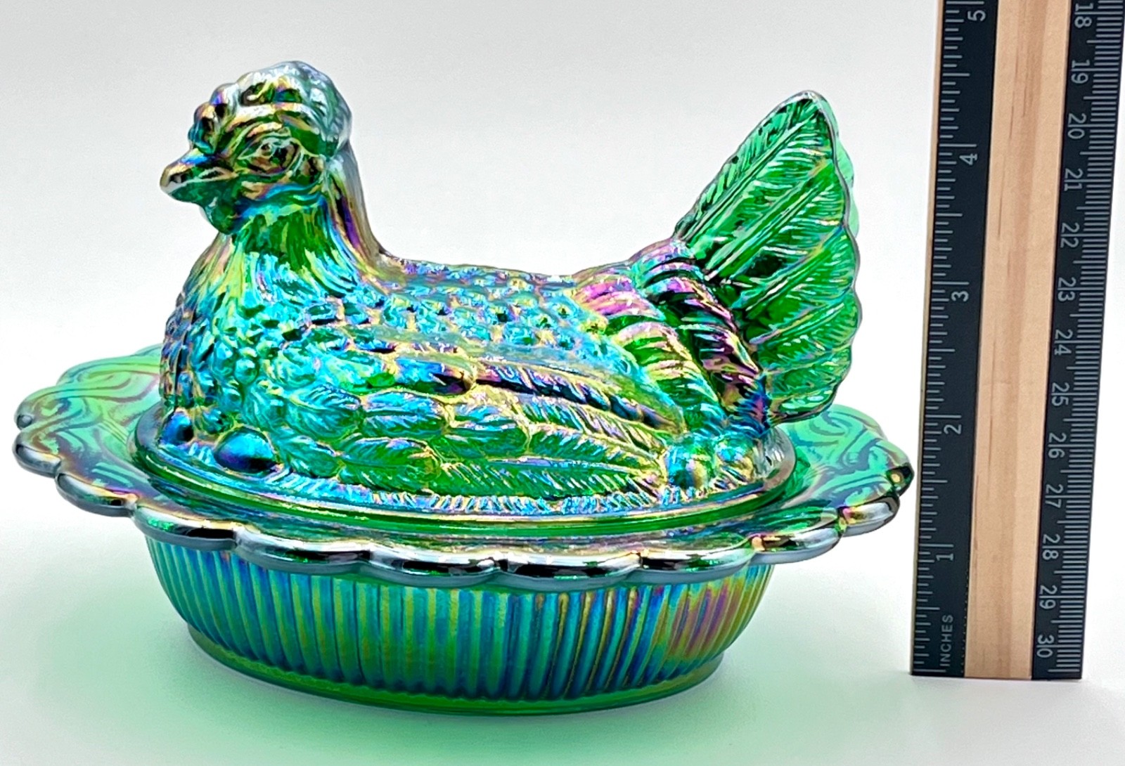 Mosser Hen on Nest HUNTER GREEN CARNIVAL6 1/2″ Glass Marked Mosser FREE SHIP