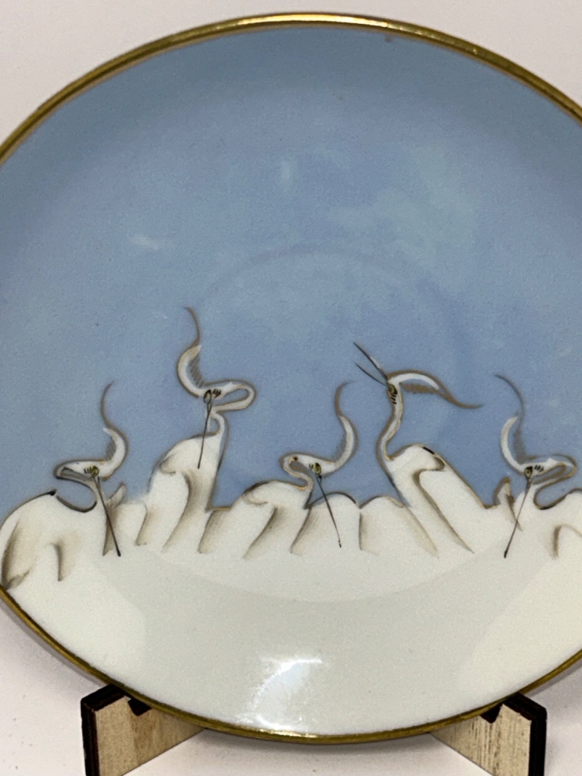 Set 4 Vintage Victory Shofu 5.75″ Crane Bird Plates Saucers Japan Blue White