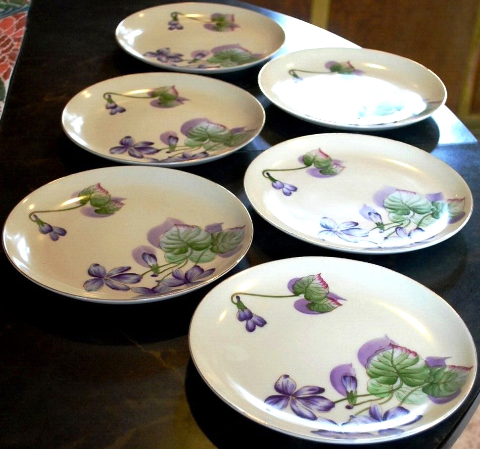Vtg Set 6 PLATES Tashiro Shoten Japan HANDPAINTED PURPLE VIOLETS Gold Rims 7.5″