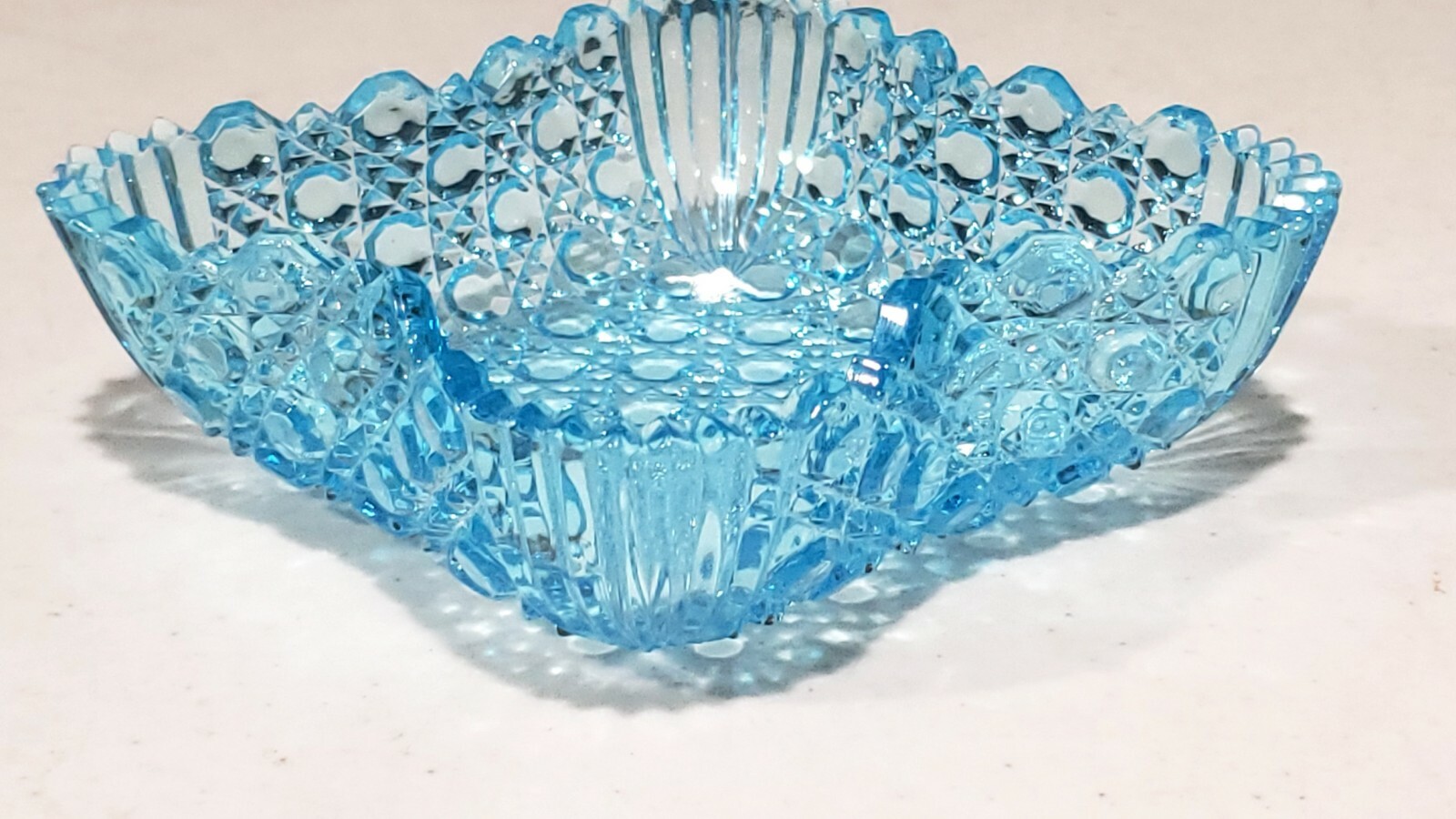 Antique EAPG Pinched Sides Banded Button Blue Fan Corners Glass Bowl