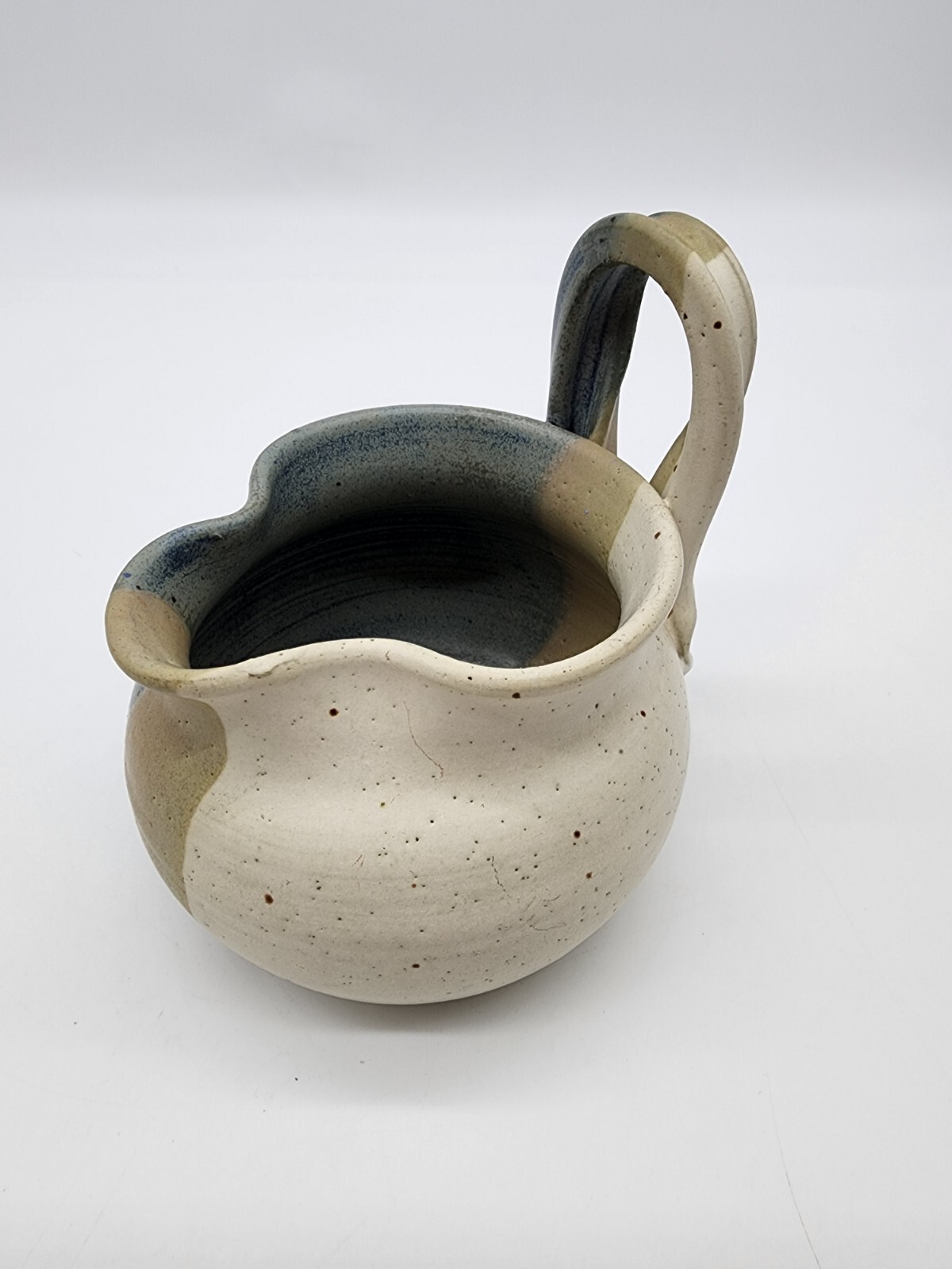 Art Pottery Small Pitcher creamer Signed Blue Tan white unique Shape
