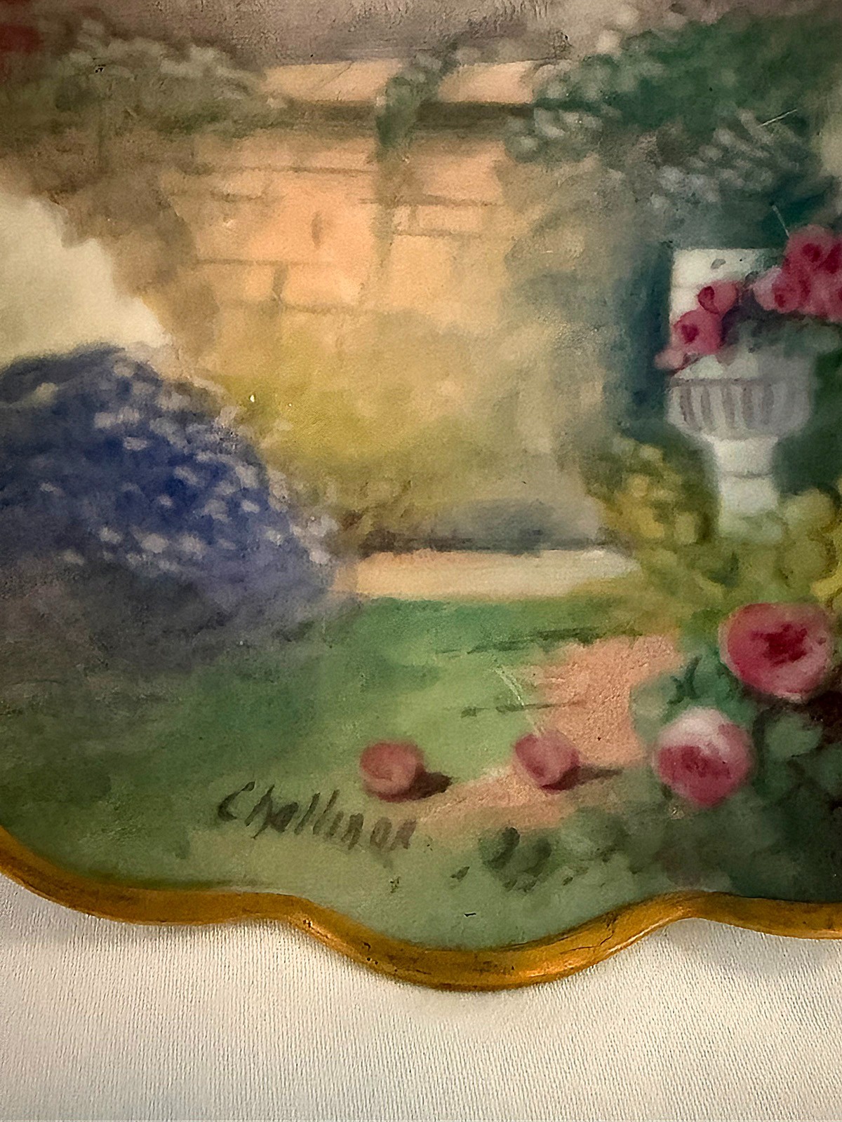 Beautiful Pickard 2-Handled Bowl, walled garden signed Challinor