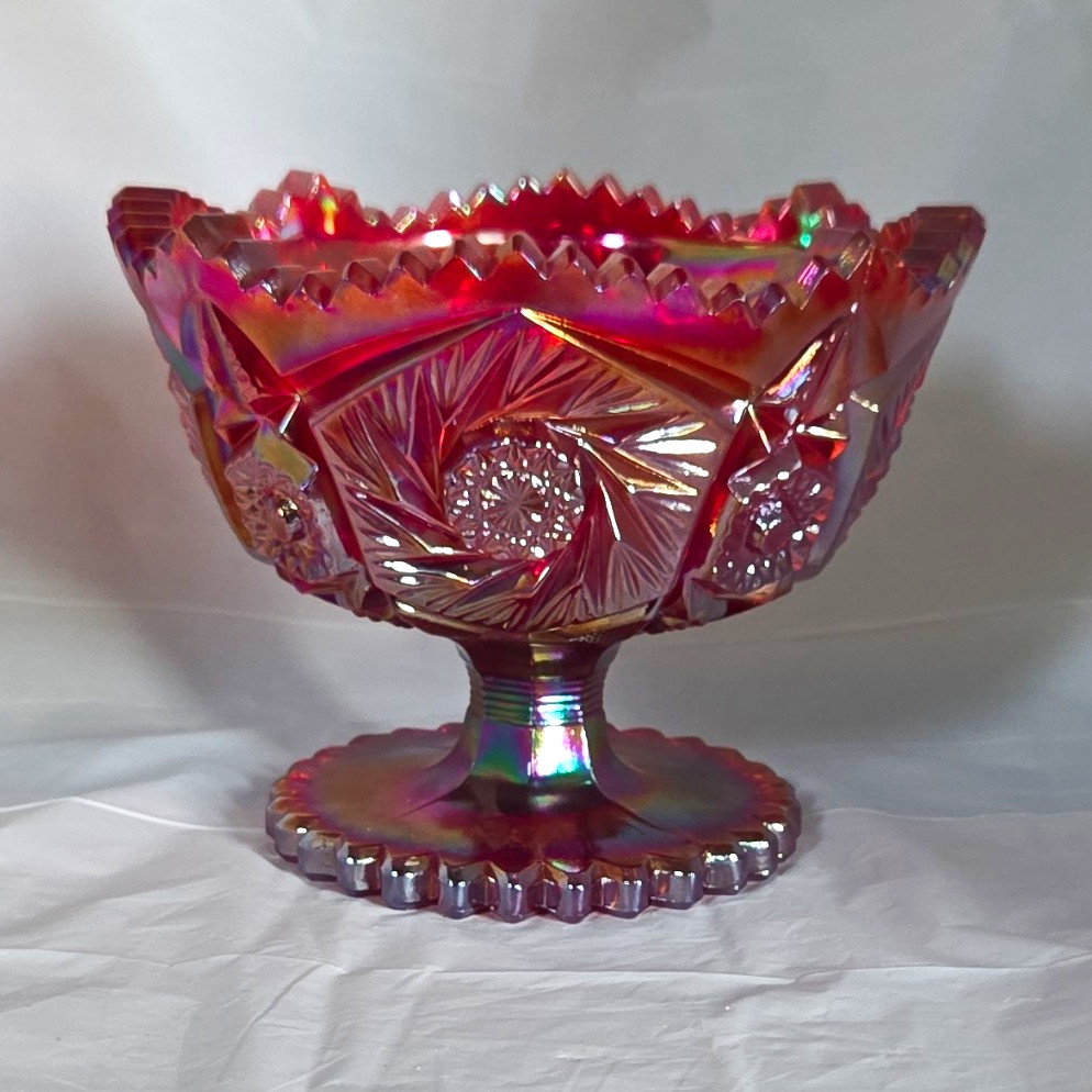 Red Iridescent Carnival Glass Starburst Pedestal Compote Bowl Round