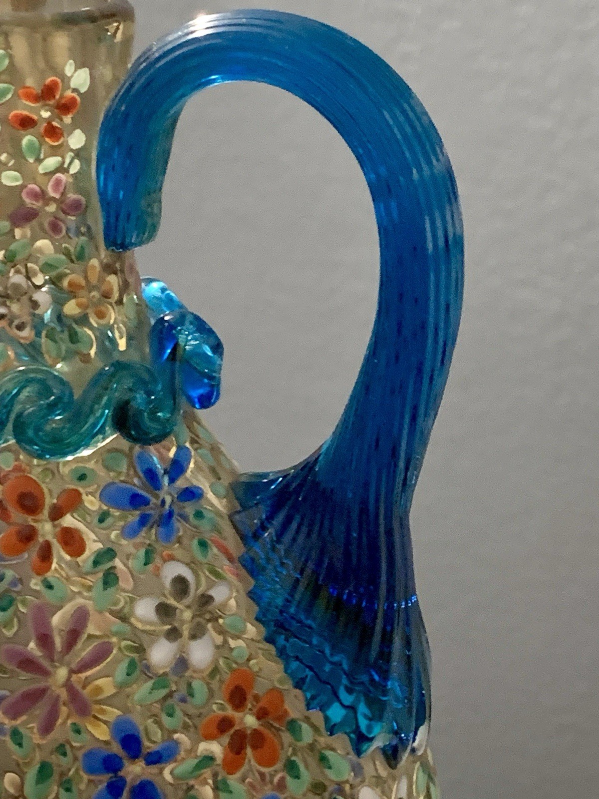 Vintage Rare Moser Hand Painted Multicolor Floral Art Glass Pitcher with Handle