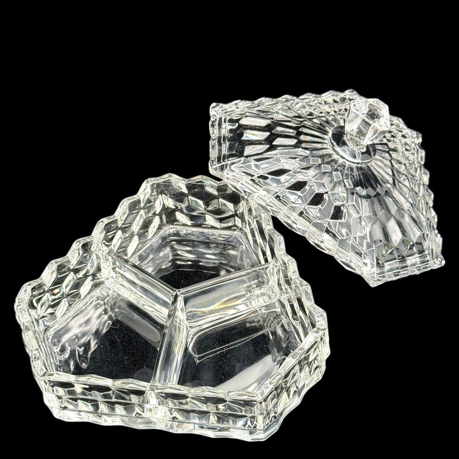 Fostoria American Cubist Covered Candy Dish, Hexagon 3 Section Glass Server MCM