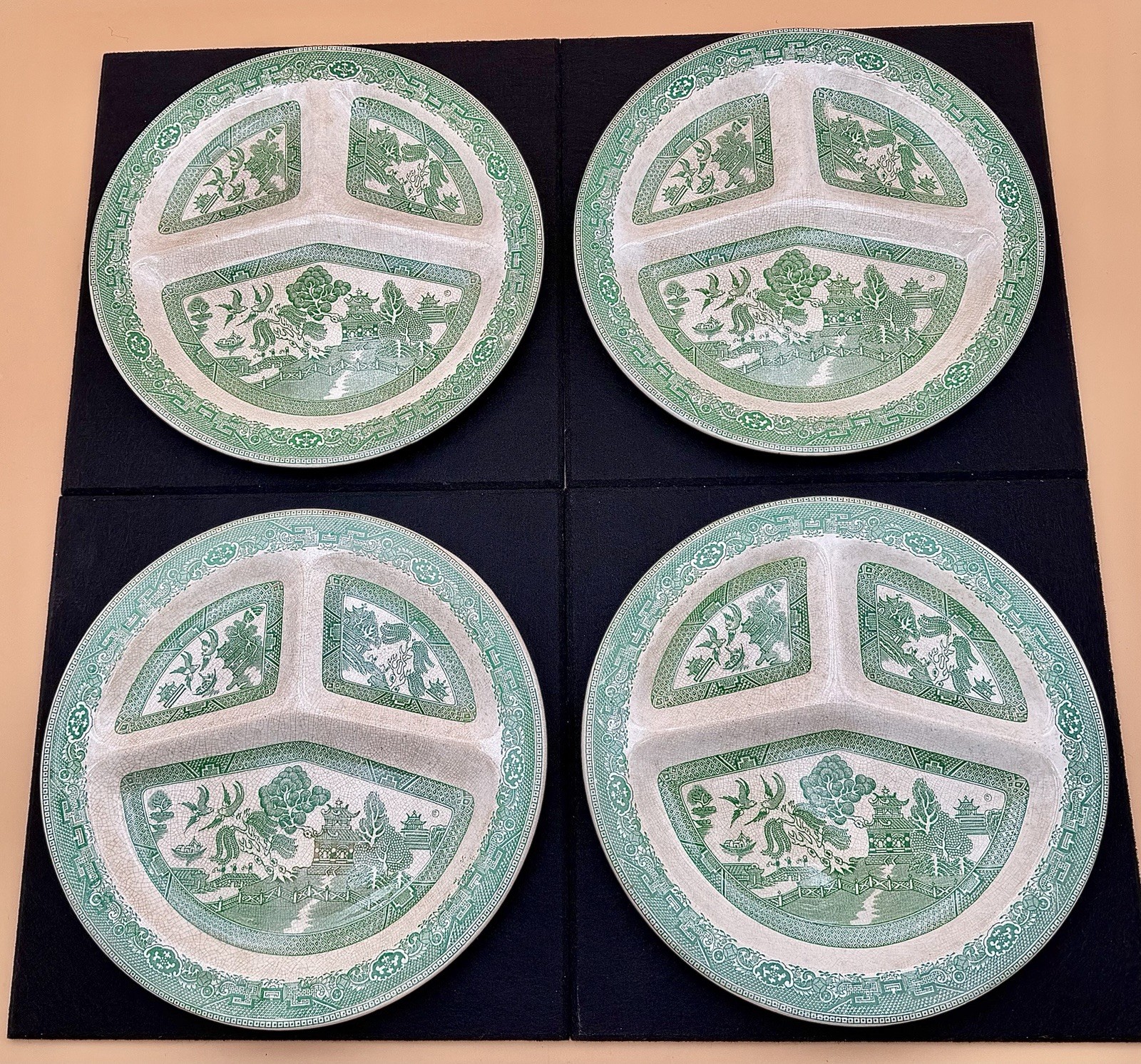 Vintage Romarco Ware Green Willow Divided Grill Plate 1950’s England (4 Pcs)
