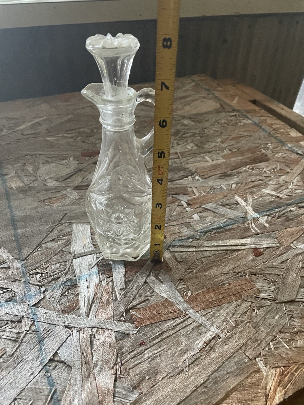 Vintage Clear Pressed Glass Cruet with Stopper Starburst Hexagon Base 8”