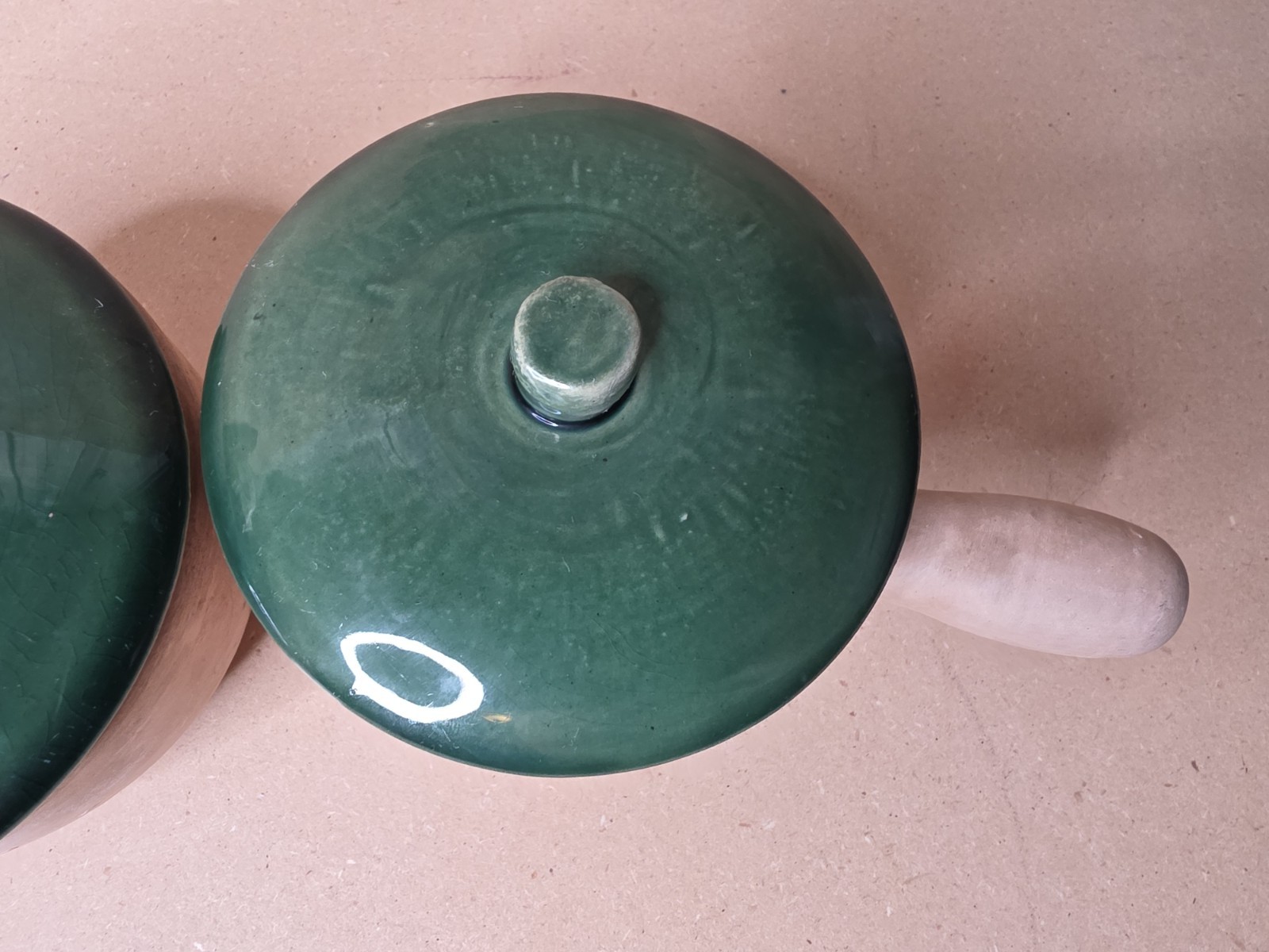 La Solana Pottery Natural Clay Body Green Lid & Body Made 1940/50’s Casserole X2