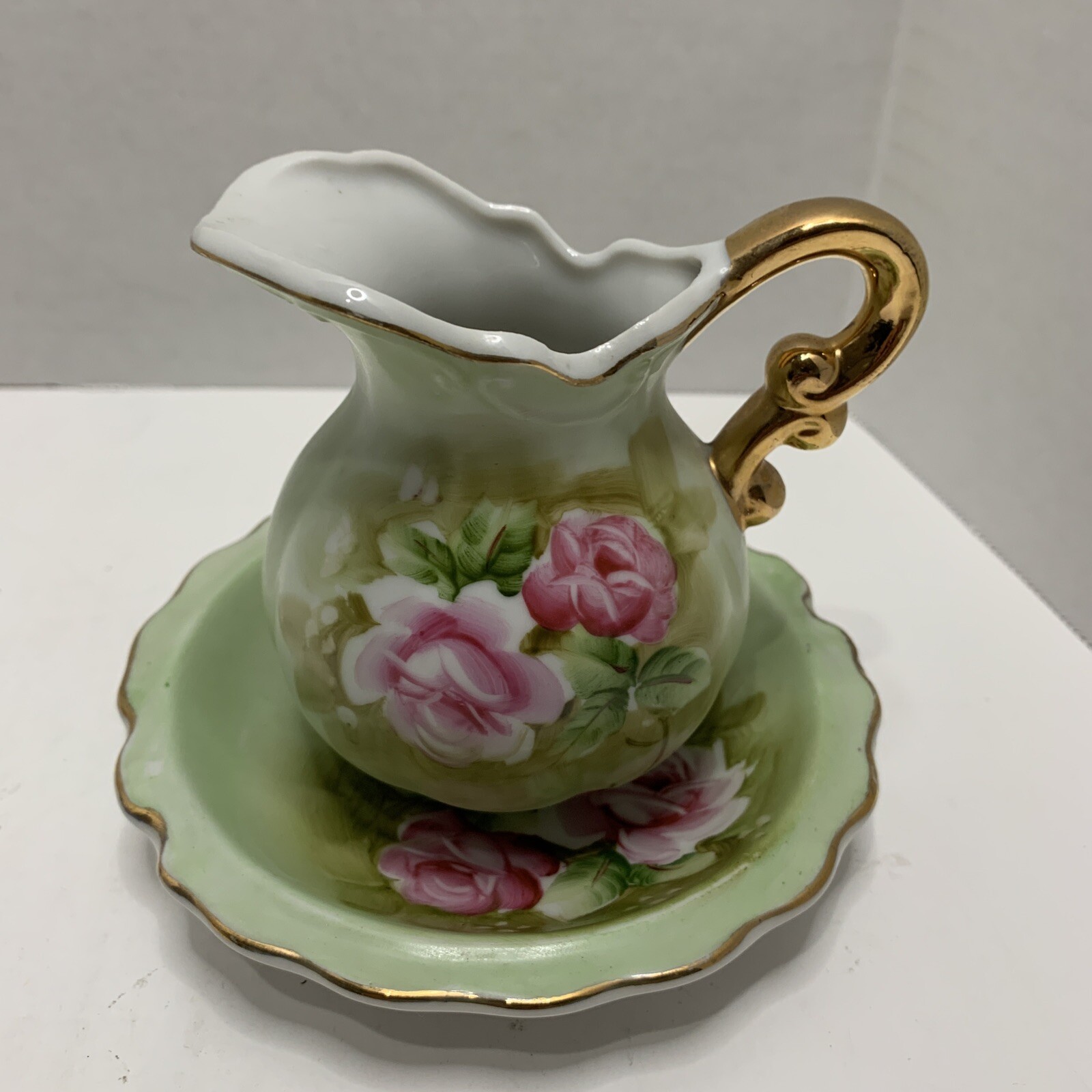 Vintage Lefton China Creamer Pitcher Roses 4577 with bowl Saucer 4577