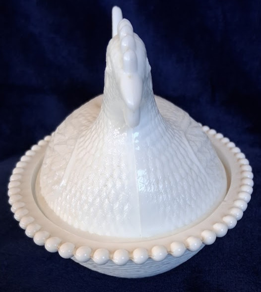 Indiana White Milk Glass Hen On Nest With Slotted Beading On Base