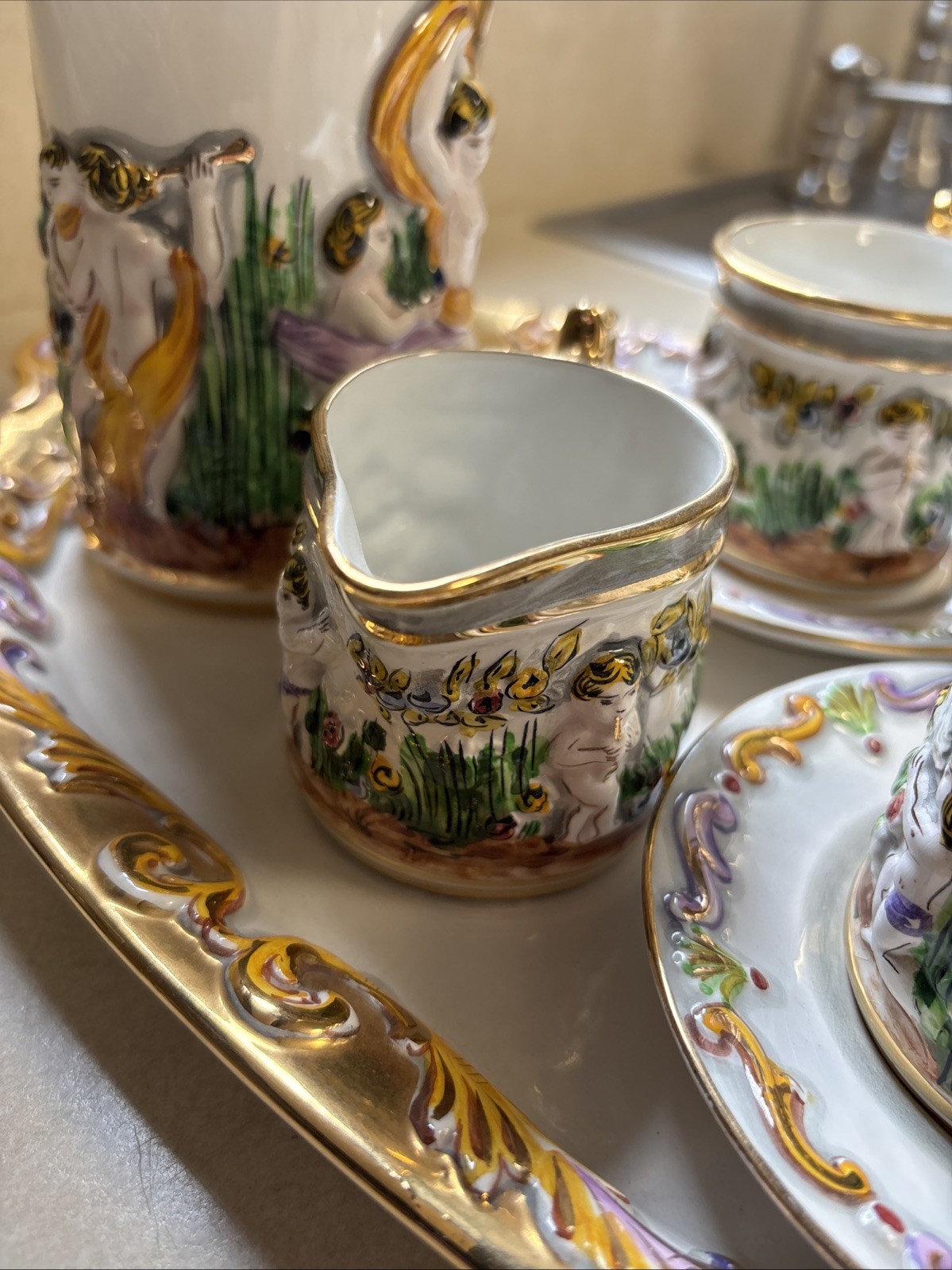 Vintage Elpa Alcobaca Cherubs Porcelain 2 Person Coffee/Tea Set & Tray Portugal