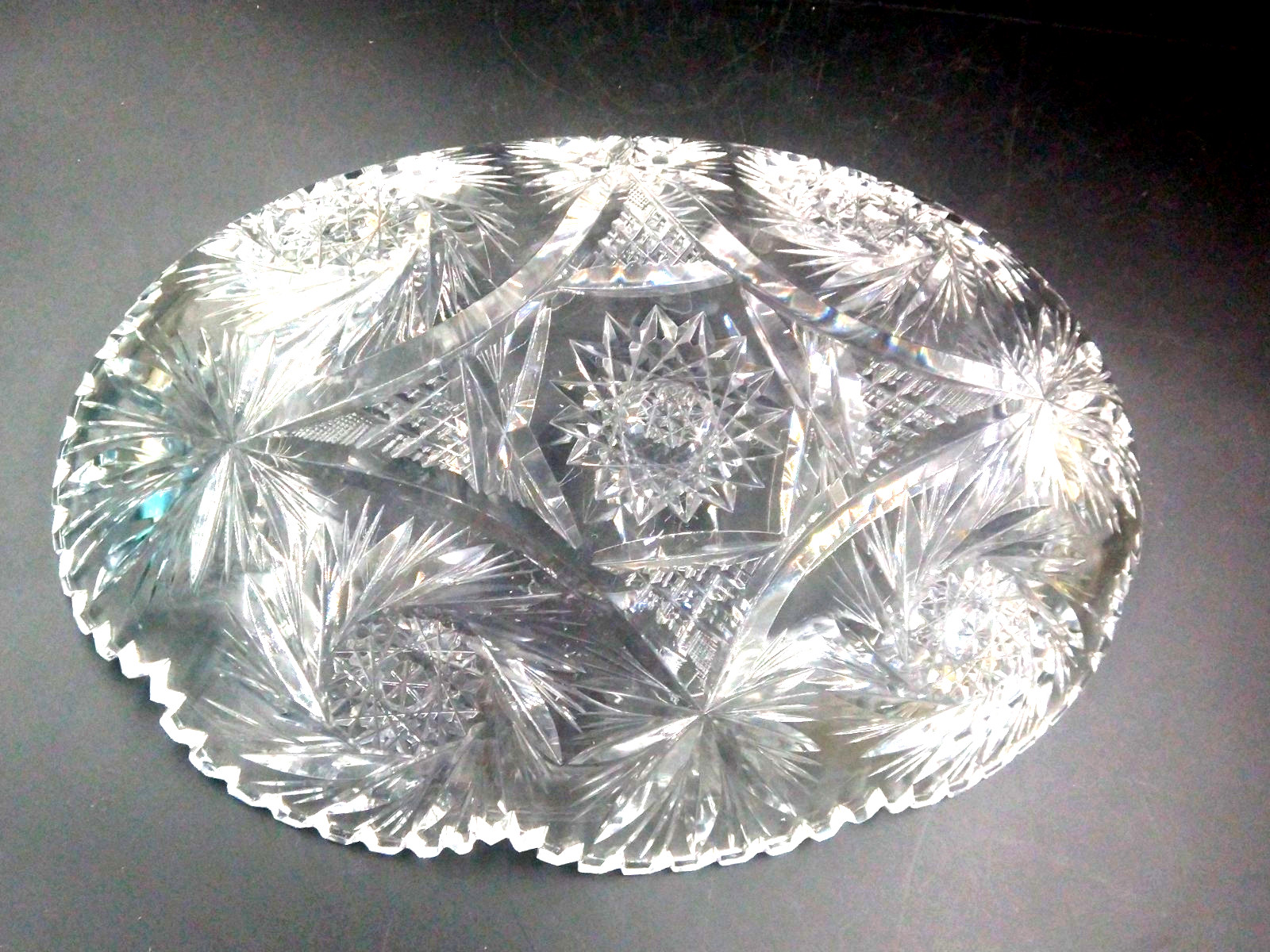 Antique American Brilliant ABP cut crystal Oval bowl Dish swirling star 12″