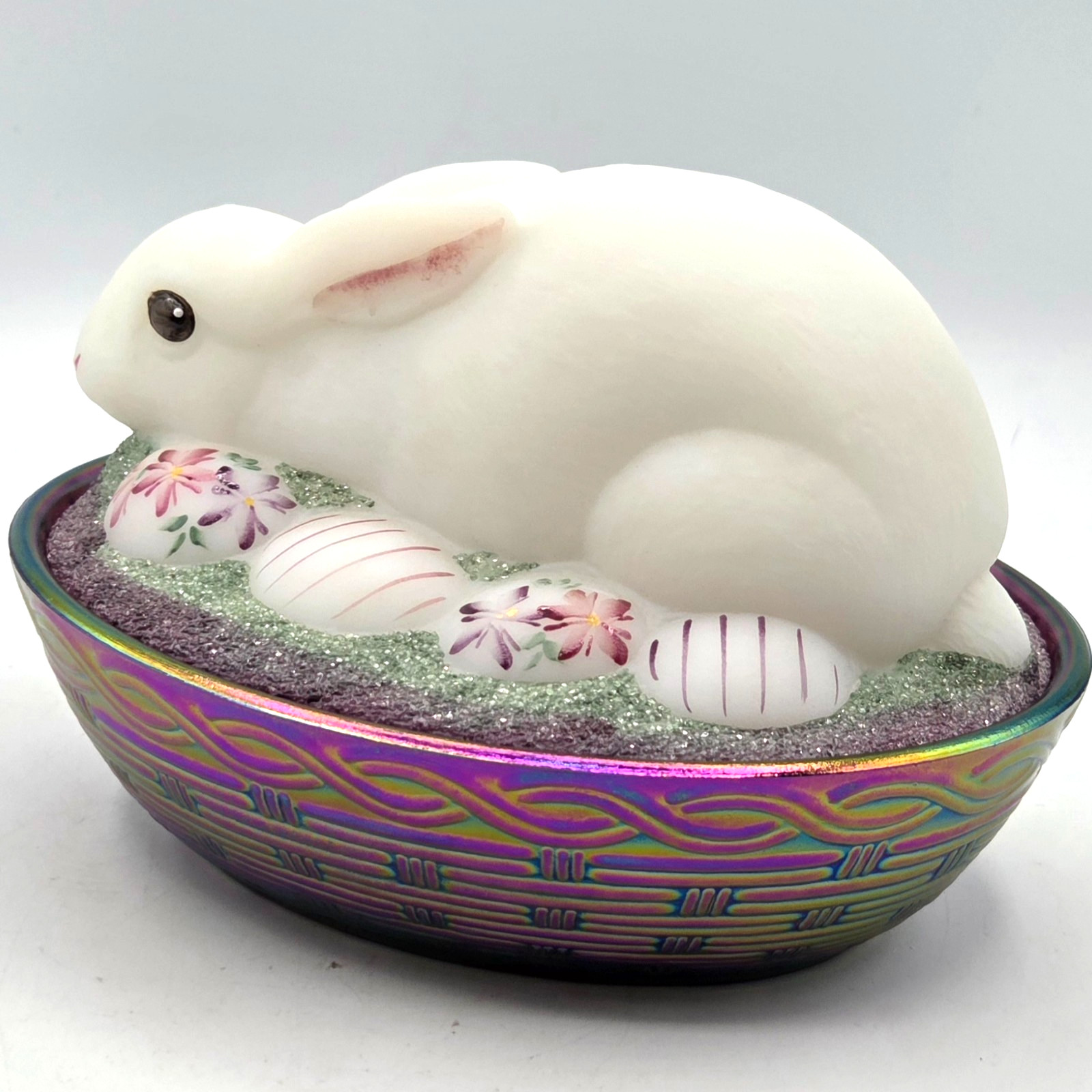FENTON COVERED EASTER BUNNY DISH Irridescent Nest HAND PAINTED SIGNED by ARTIST