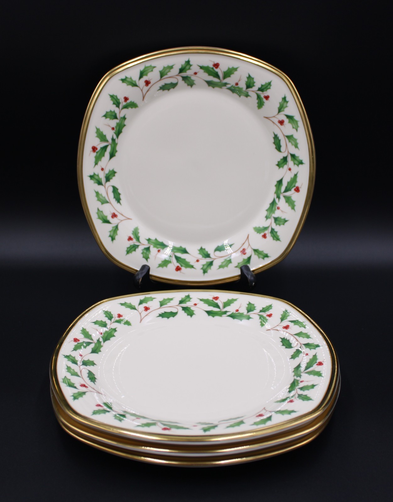SET OF 4 LENOX HOLIDAY DIMENSION 8 3/4″ SQUARE SALAD ACCENT LUNCHEON PLATES