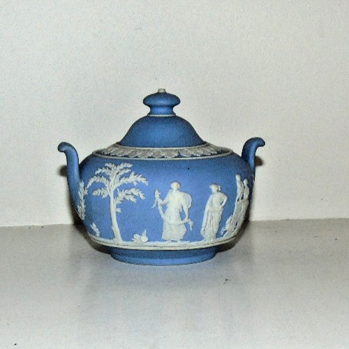 Vintage Wedgwood Blue Jasperware Lidded Sugar Bowl Classical Relief England