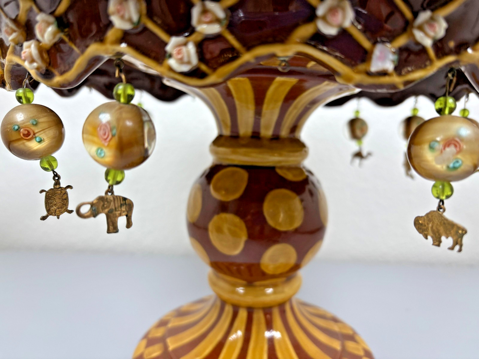 Mackenzie Childs Vintage Wittika Peanut Cake Stand Gold Animal Charms Roses