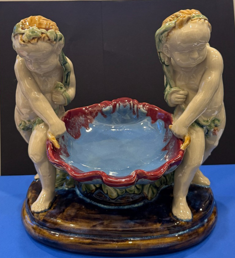 Antique English Majolica Putti Shell Bowl Centerpiece Late Victorian 10 inches