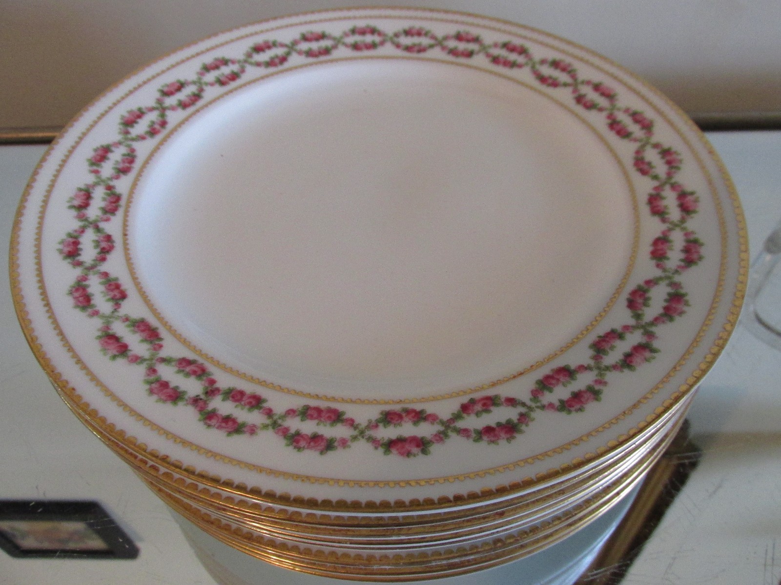 8 Antique English 9″ PLATES Pink ROSE GARLAND JE CALDWELL Phila Geo Jones & Sons