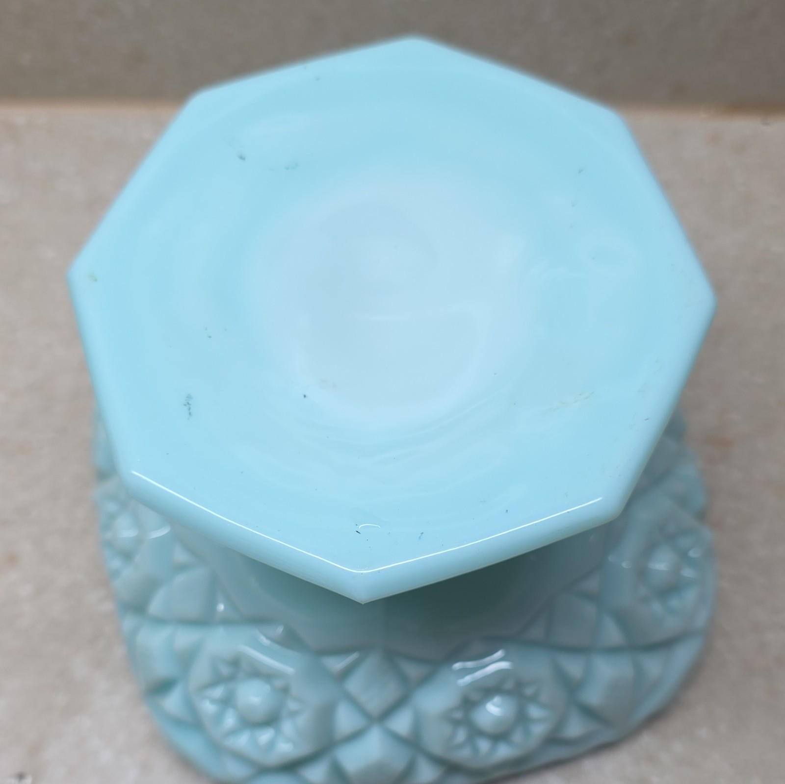 Blue Milk Glass Quilted Square Pedestal Compote Bowl Glossy Decorative