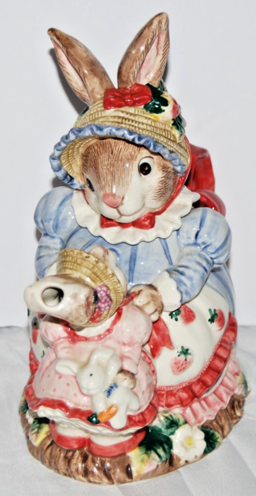 VTG 1992 Fitz and Floyd Bunny Bonnet Hill Ceramic Teapot Mother Baby Rabbit 40oz