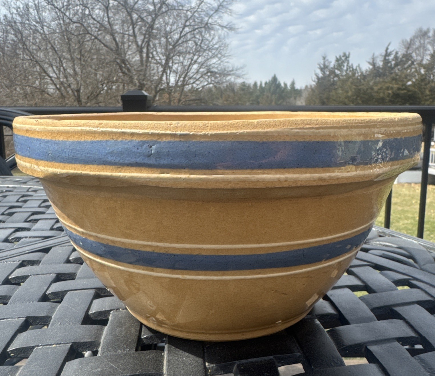 Antique YellowWare Bowl Rare#9 Blue White Stripe 9 in Marked USA Primitive