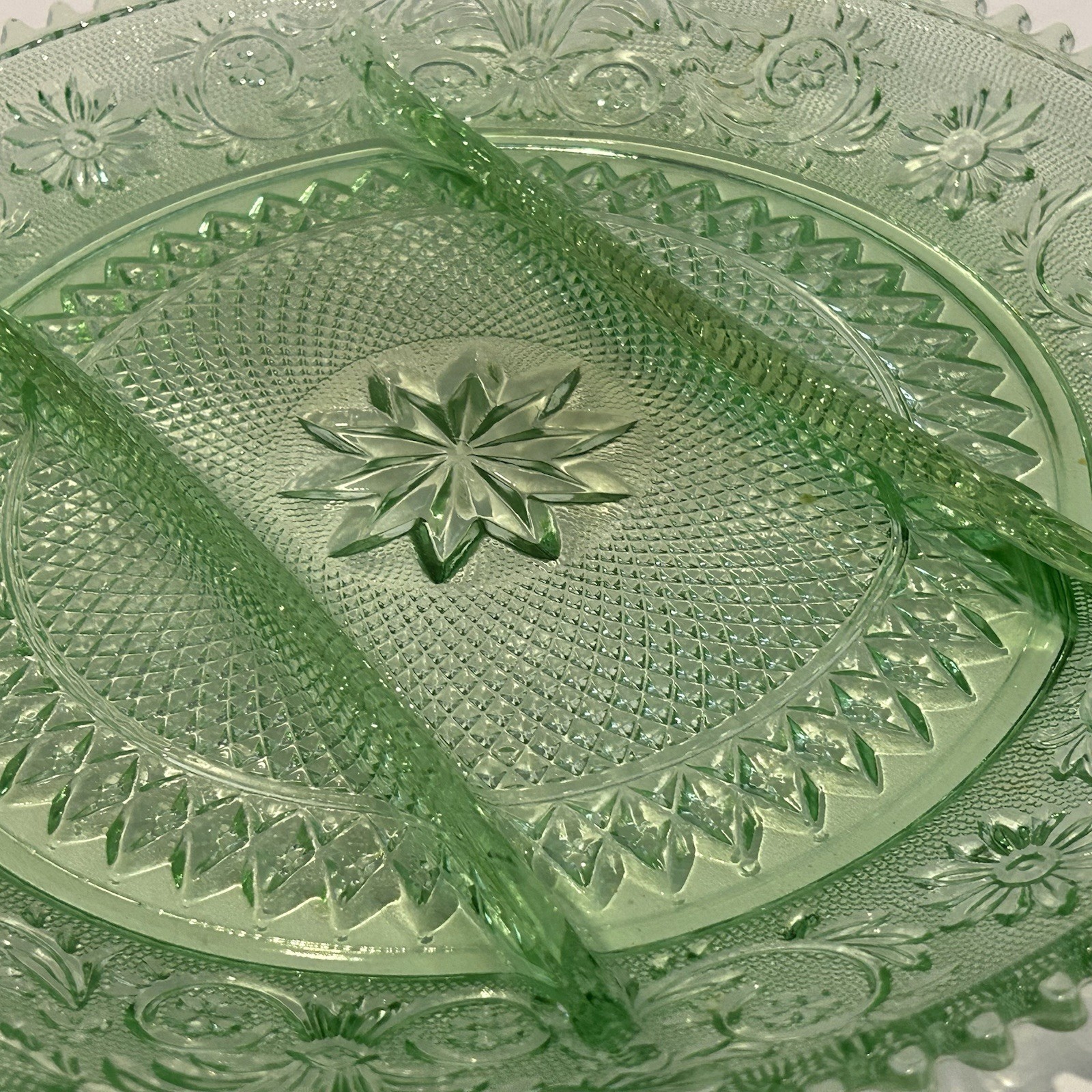 Green Indiana Glass Tiara Divided Relish Serving Plate Platter 12″ Saw Tooth Vtg