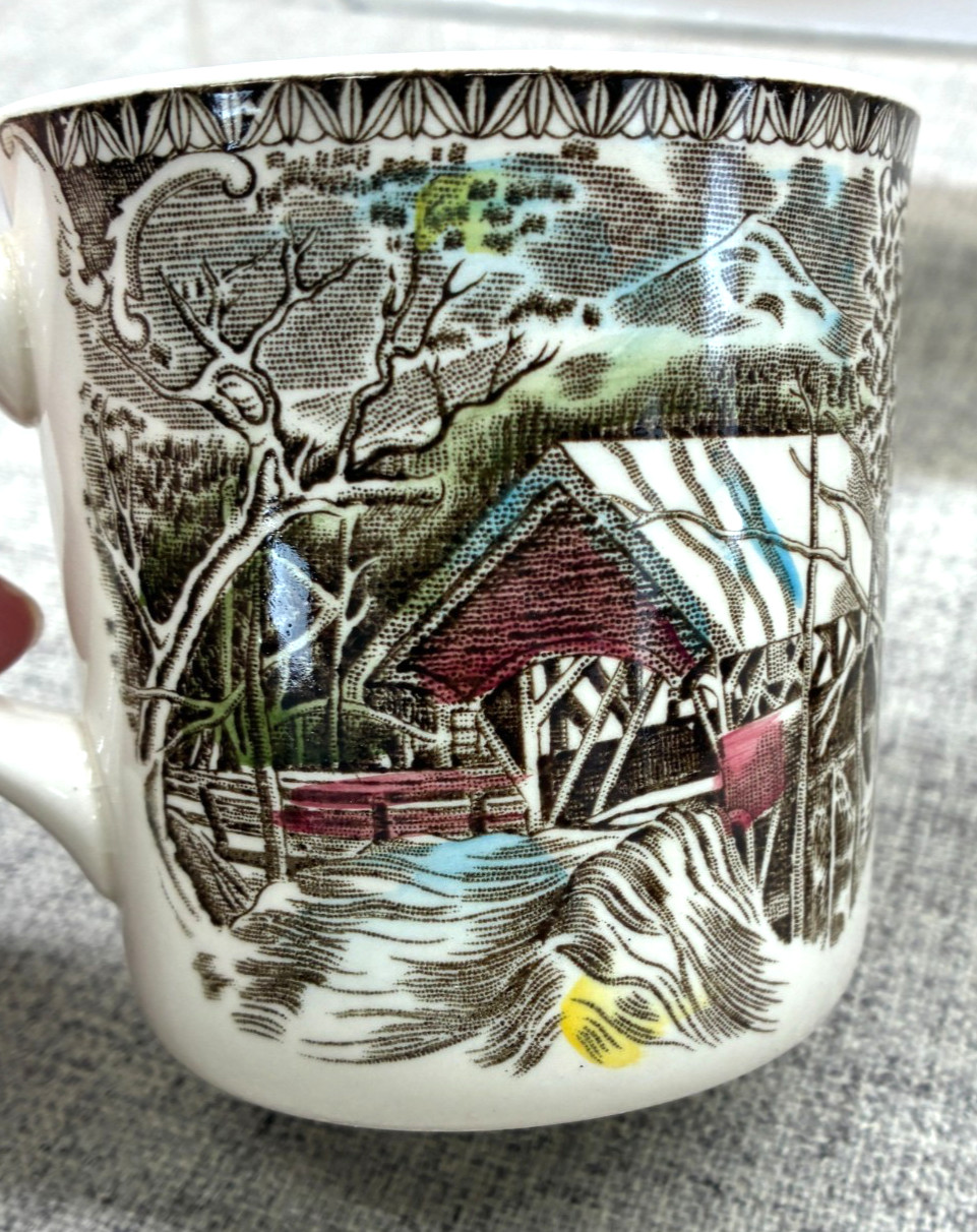 Johnson Bros The Friendly Village Covered Bridge Coffee MUGS England Set of Four
