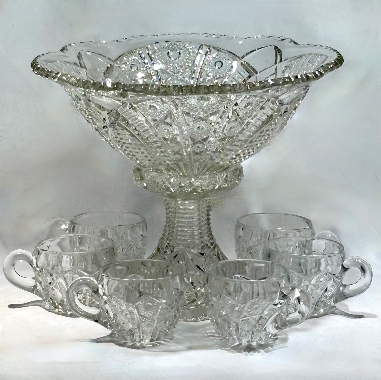 Antique Indiana Glass Paneled Daisy and Fine cut Clear Punch Bowl Base & 6 Cups
