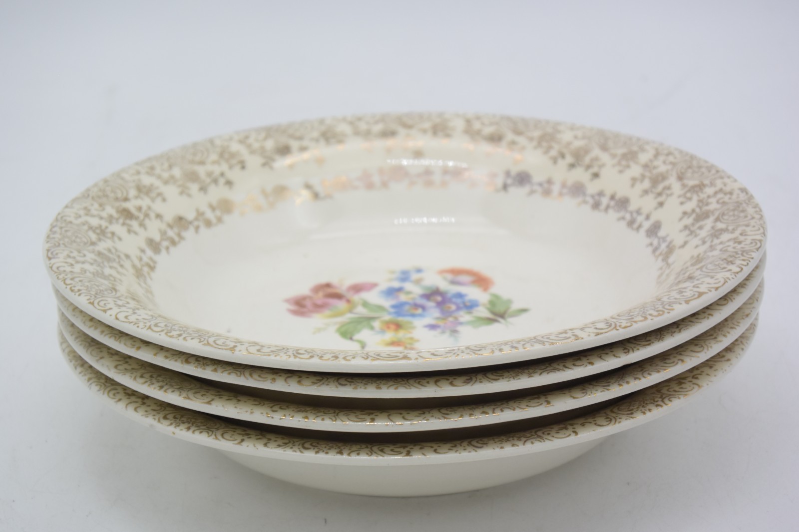 Set 4 Vintage 8″ Union Made 22K Gold Trim Floral Bowls Porcelain Salad Soup USA