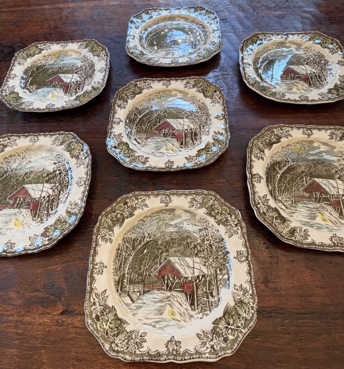 Lot Of 7 Johnson Bros The Friendly Village Square Salad Plates Covered Bridge