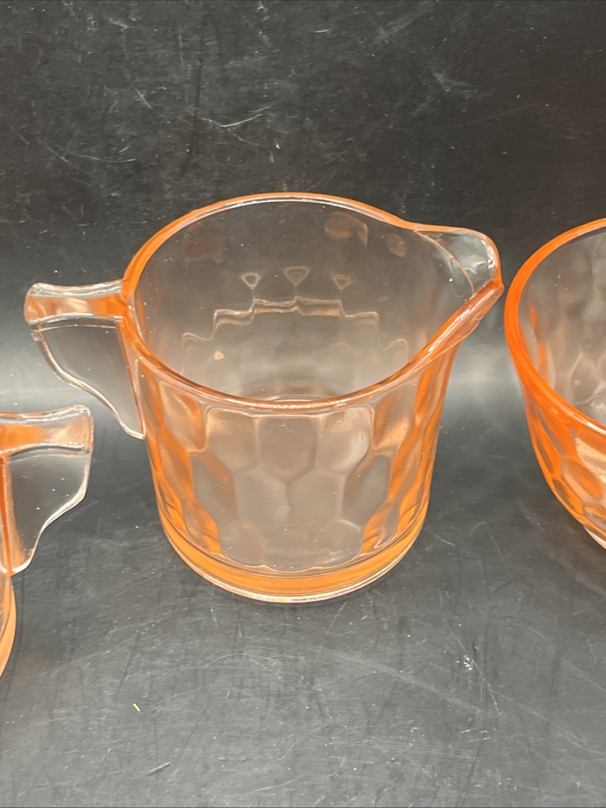 Jeannette Glass Hex Honeycomb Pink Depression Sugar Creamer Tea Grandmillenial