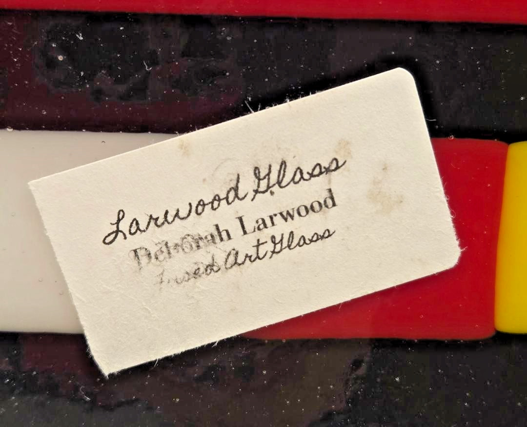 VTG. SIGNED DEBORAH LARWOOD Multicolor MONDRIAN Fused Art Glass Square Plate 8X8